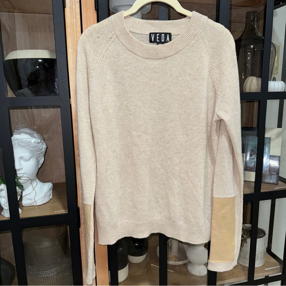 Veda X Reformation Cashmere Lamb Leather Sweater Beige Suede Crewneck Ribbed